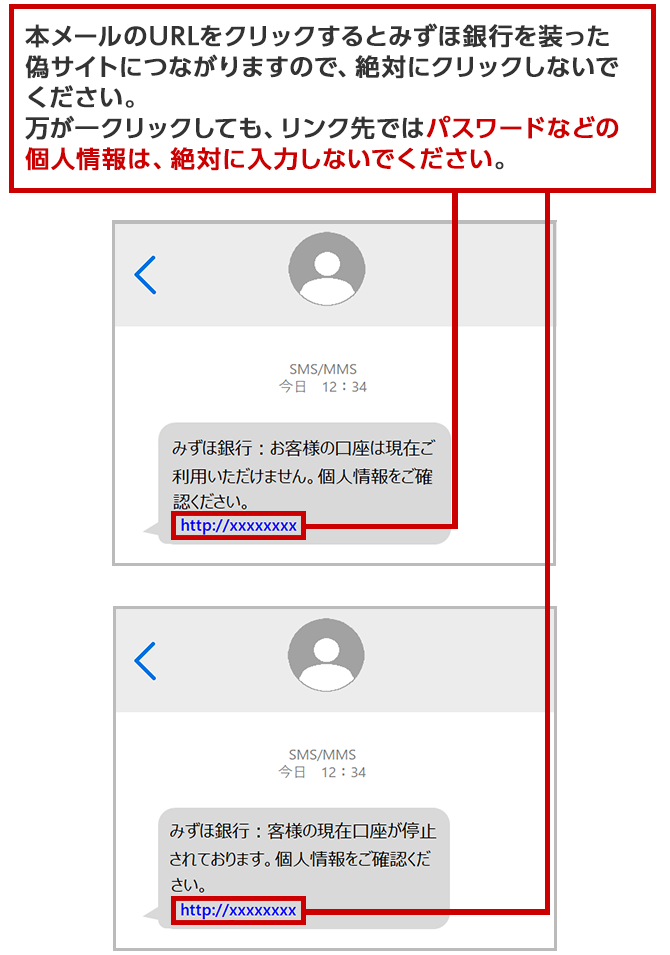 偽SMS(口座停止に伴う本人確認)、偽サイトのスマートフォン画面イメージ